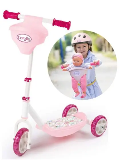 Smoby Corolle sparkesykkel med tre hjul og sete til dukke - passer fra 3 år