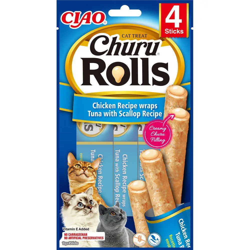 Ciao Churu snacks rull katt -Kylling og Tunfisk med kamskjell 4stk - Hele Norges Dyrebutikk