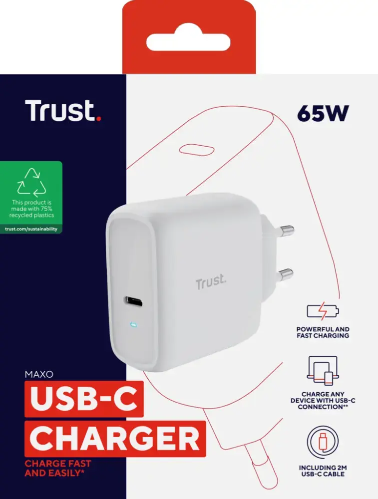Trust Maxo 65W USB-C Lader - Hvit - GamingButikken