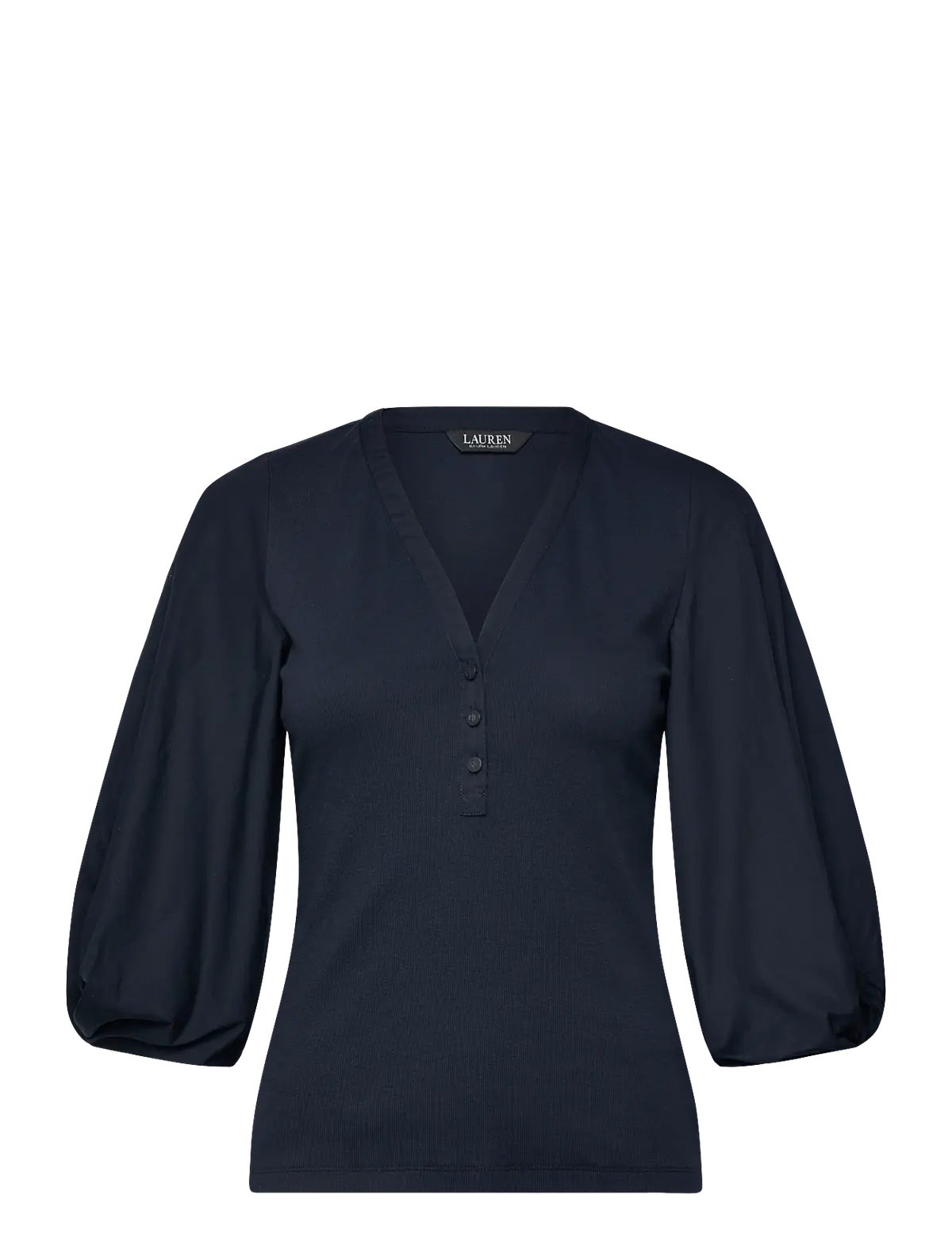 Rib-Knit Balloon-Sleeve Henley Top