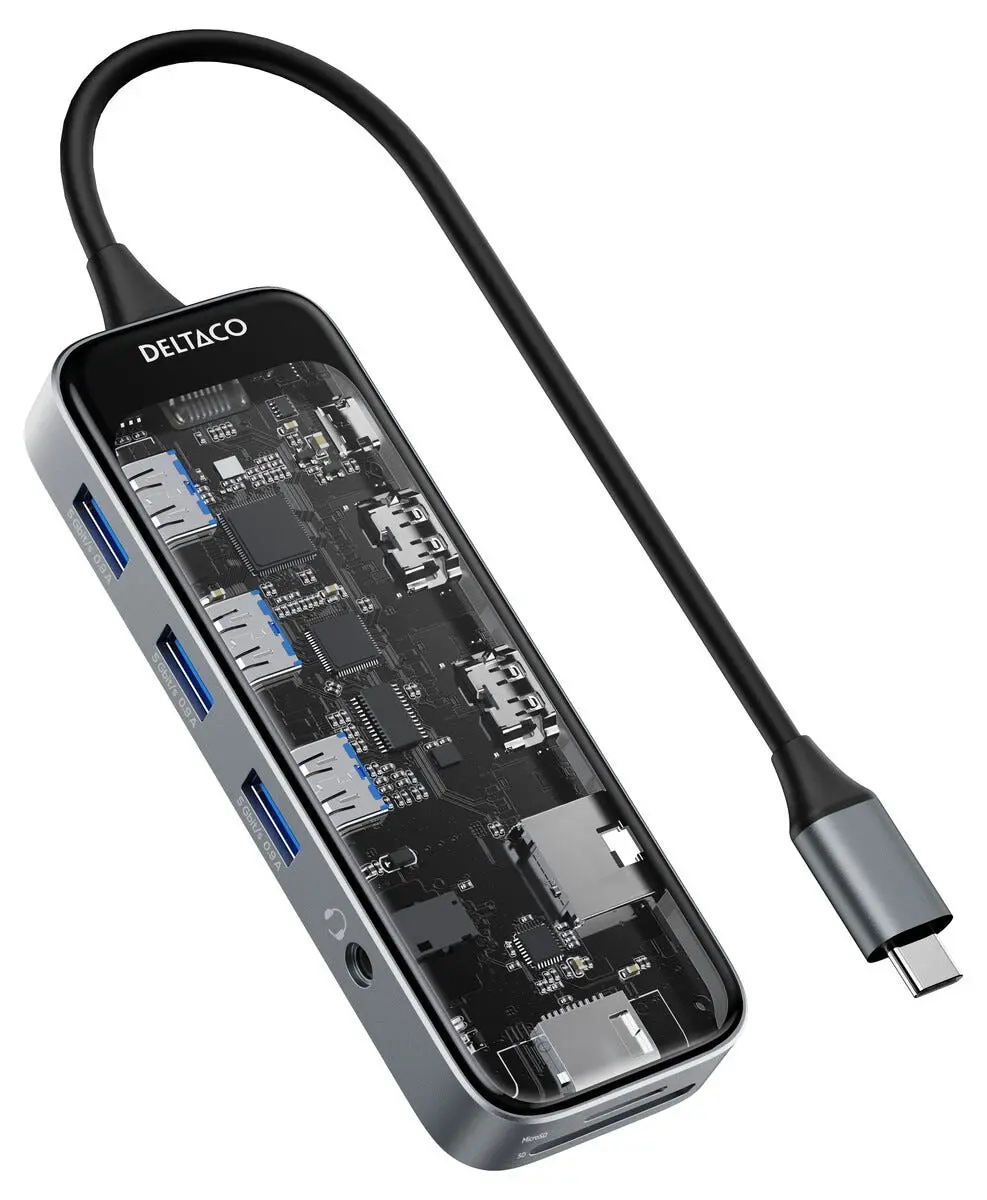 Deltaco USB-C-hub med 10 porter, gjennomsiktig