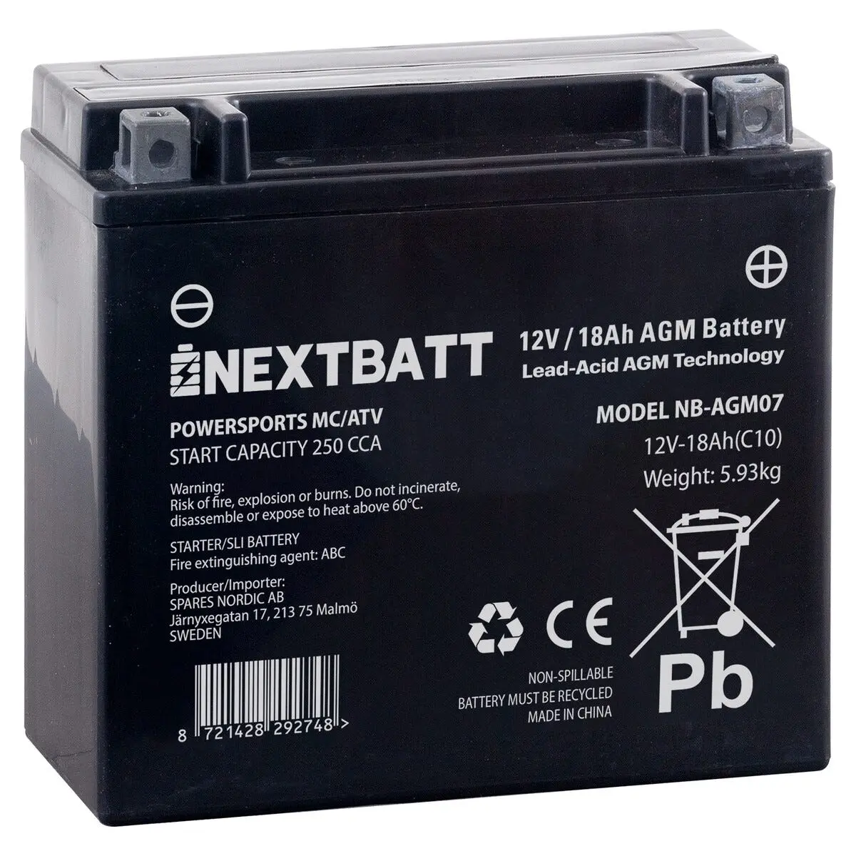 Motorsykkelbatteri AGM 12 V, 18 Ah