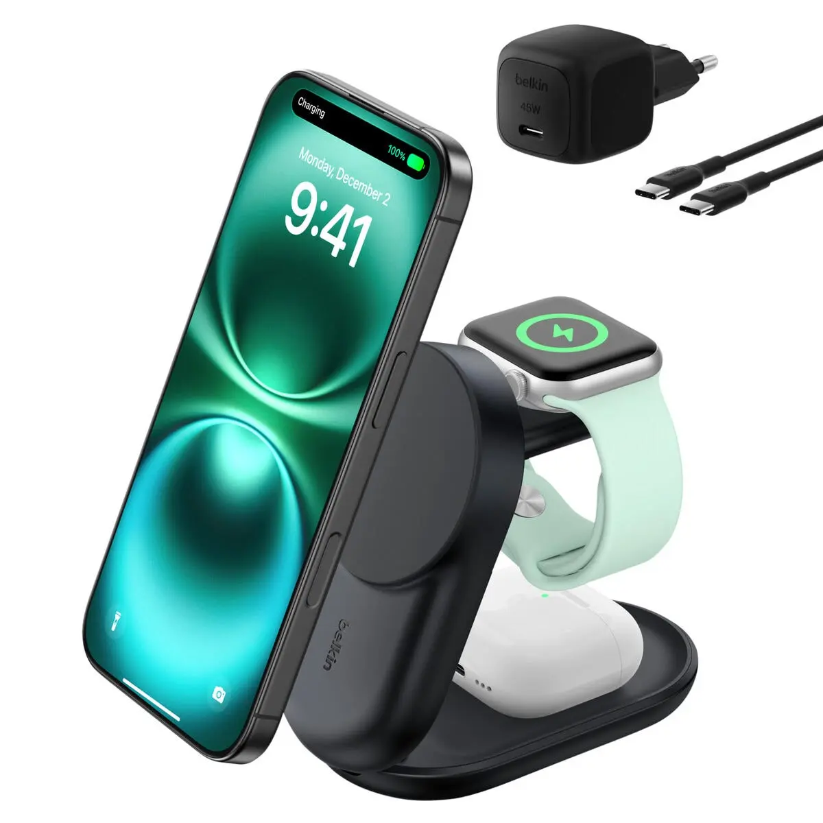 Belkin UltraCharge 3-i-1 sammenleggbar Qi2-lader, 25W