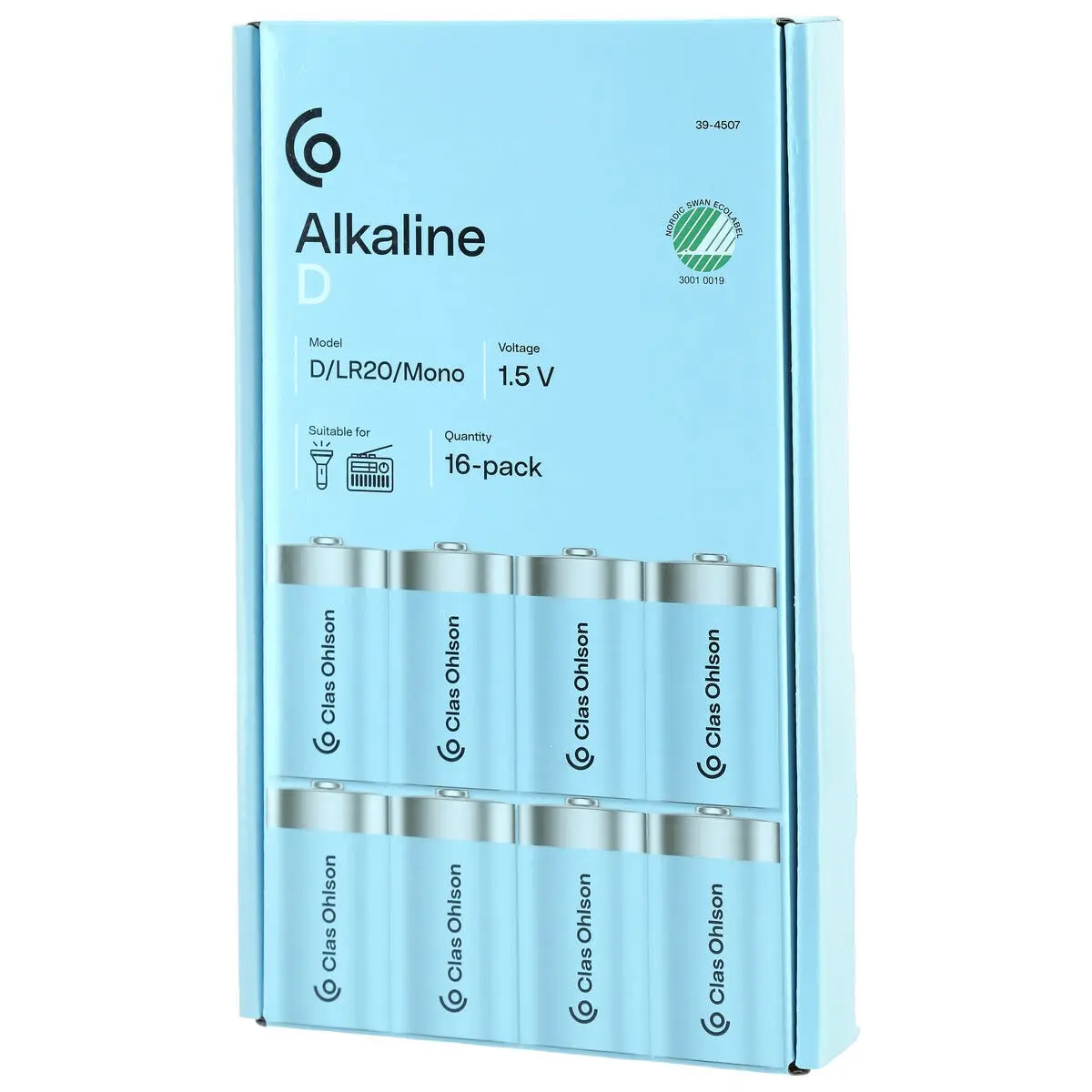 D-batterier, alkaliske, 16-pakning