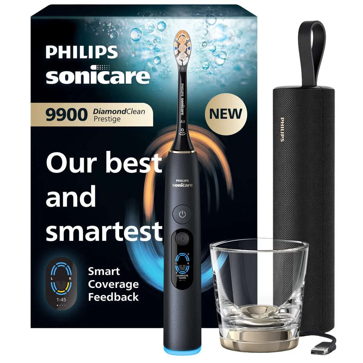 Philips Sonicare Next-Generation DiamondClean Prestige 9900 elektrisk tannbørste, svart