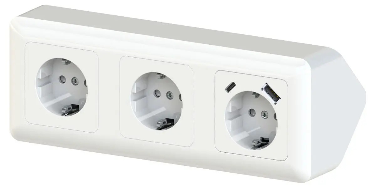 Cotech 3-veis stikkontakt til hjørne, utenpåliggende med USB