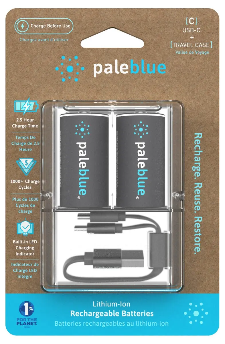 Pale Blue oppladbare C-batterier USB-C, 2-pakning
