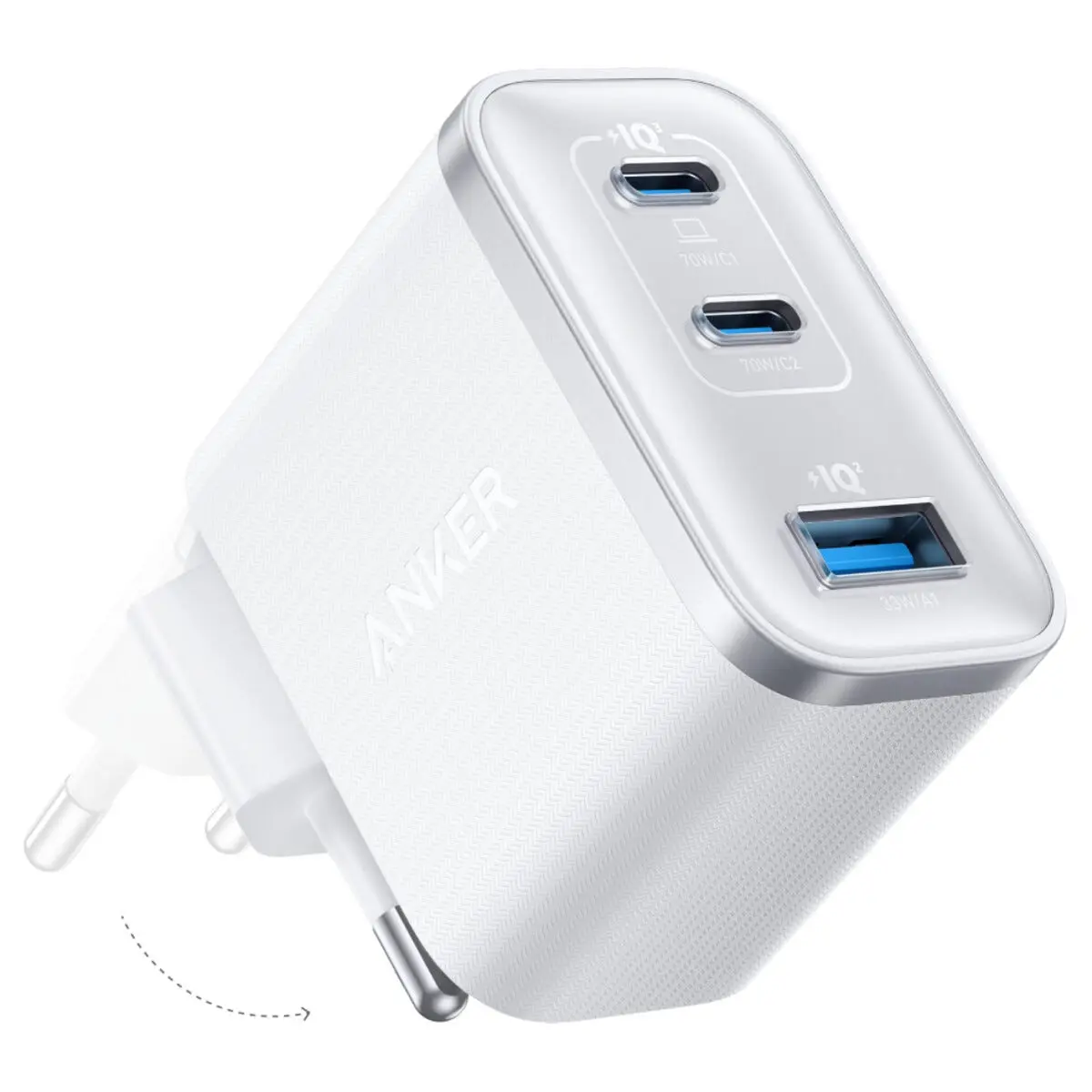 Anker Nano hurtiglader USB-C, 3 porter GaN 70 W, hvit