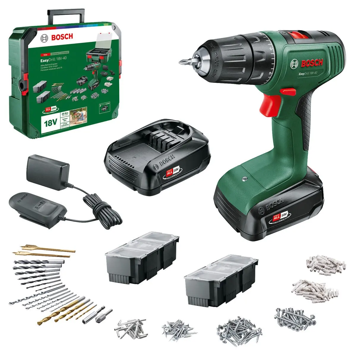 Bosch 18V drill med boks og 241 tilbehør