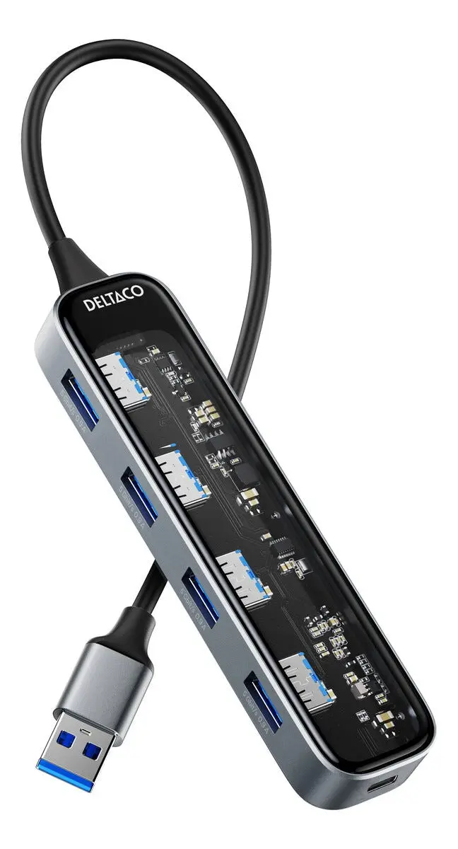 Deltaco USB-A-hub med 4 porter, gjennomsiktig, UH-736