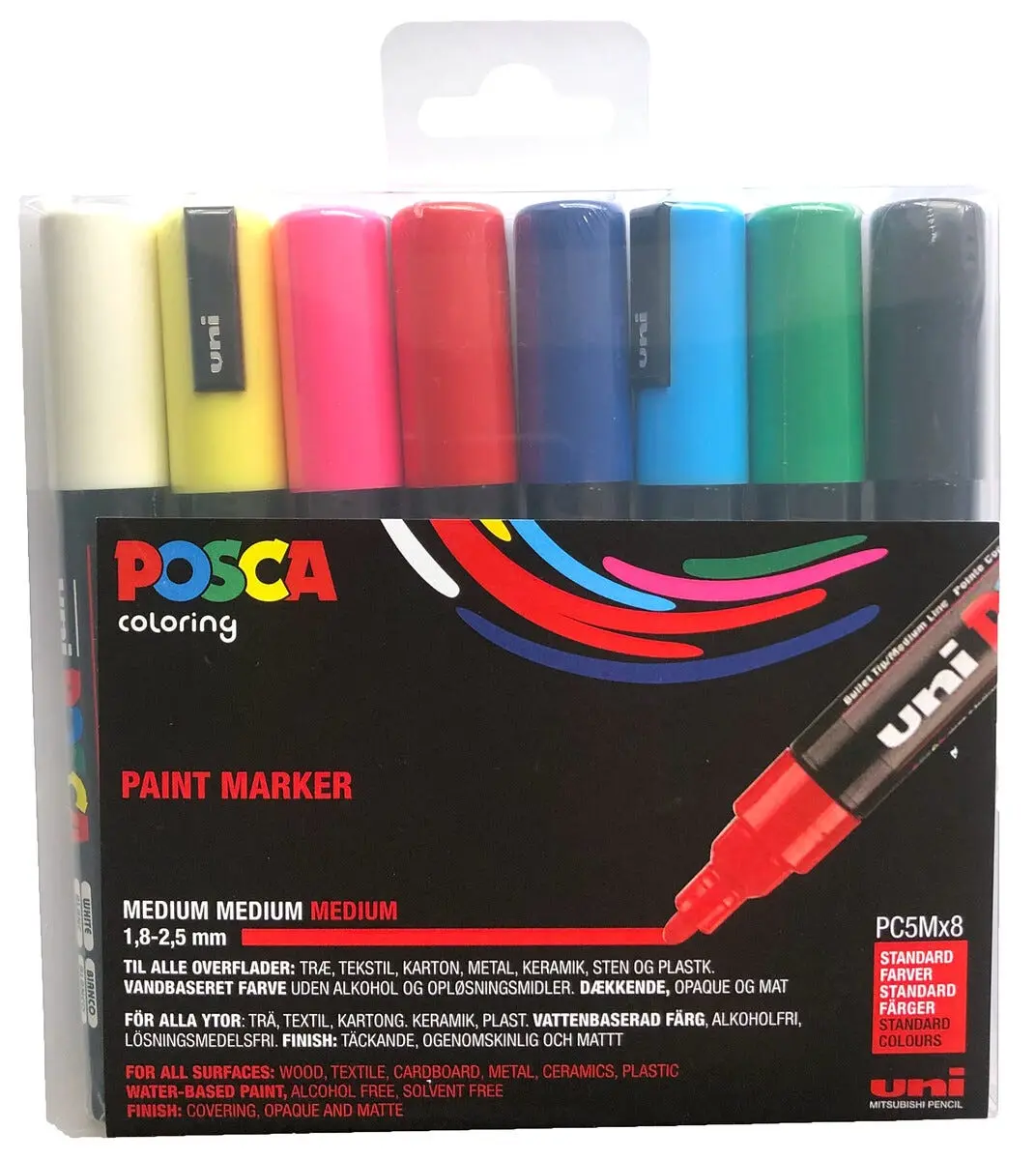 Posca PC-5M tusjer, basisfarger, 8-pakning, 1,8–2,5 mm