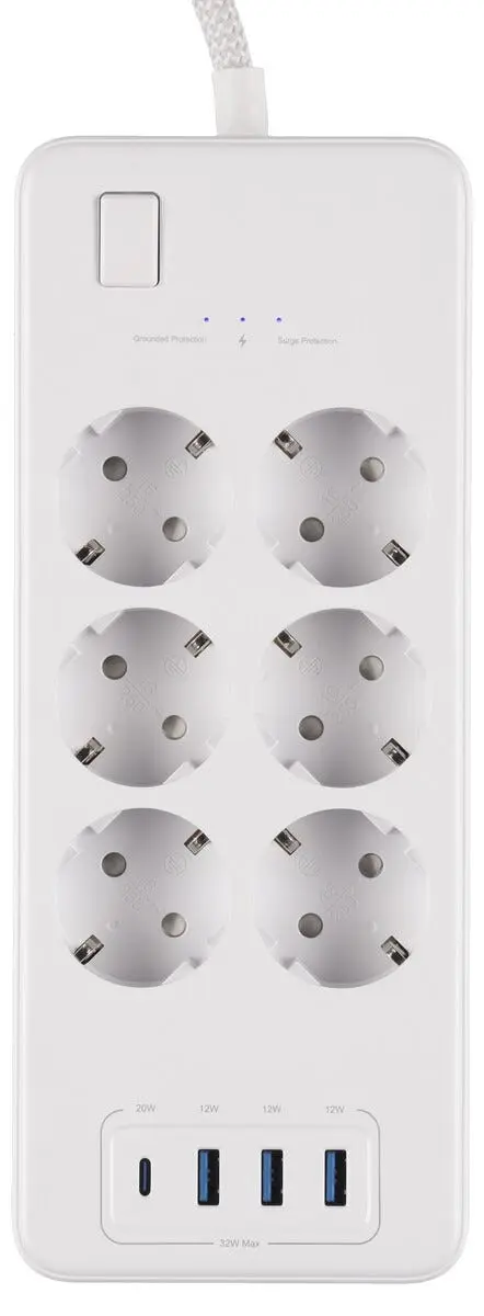 6-veis grenuttak med USB-A, USB-C og strømbryter, 1,5 m