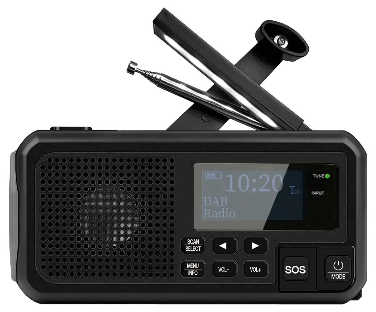 Bærbar nødradio med sveiv og solceller, DAB+ og FM