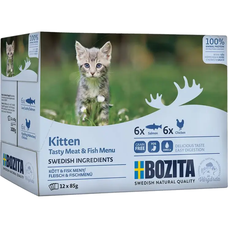 Bozita Katt Kitten kjøtt og fisk i saus i pose 12 x 85 g
