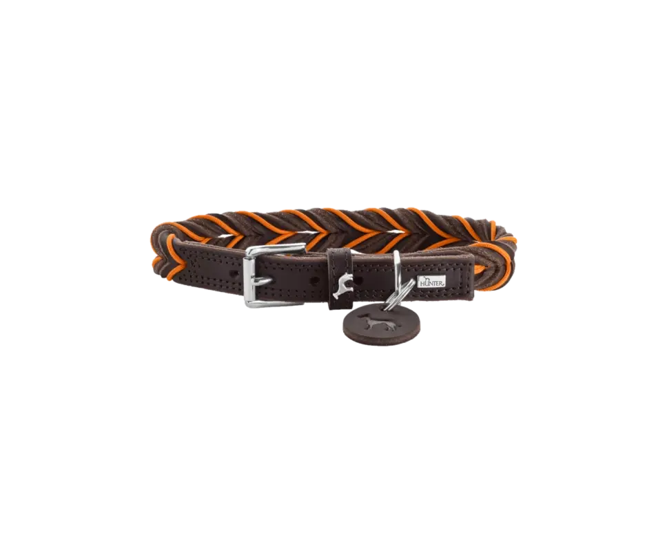 Hunter Hundehalsbånd Solid Education Cord Kuskinn Mørkebrun/Orange S 45cm