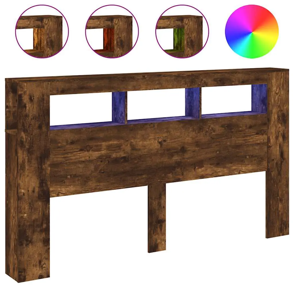 vidaXL Sengegavl med LED røkt eik 180x18,5x103,5 cm konstruert tre