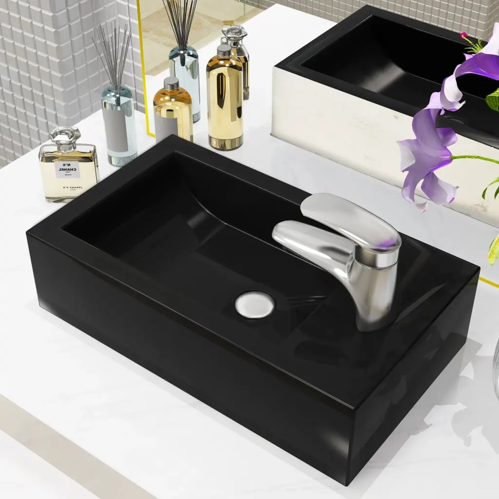 vidaXL Servant med kranhull rektangulær keramisk svart 46x25,5x12 cm