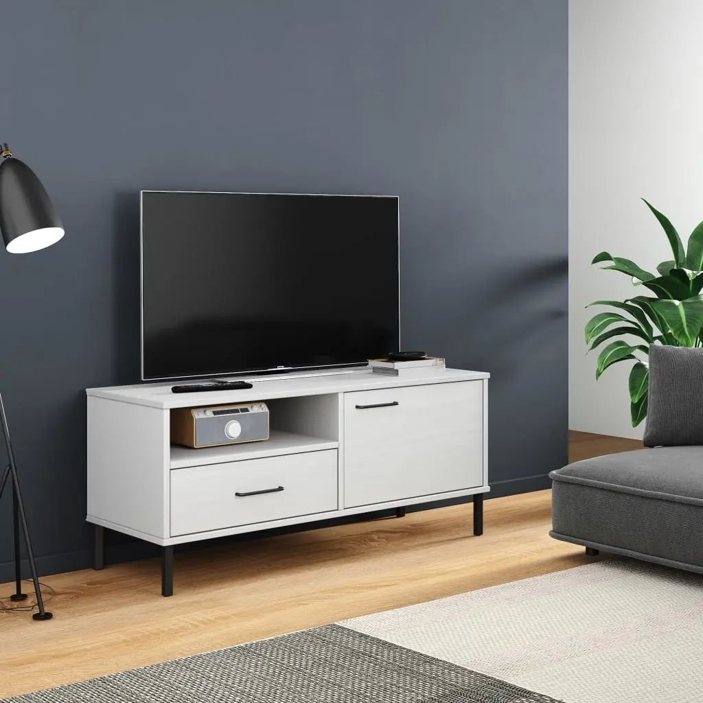 vidaXL TV-benk med metallben hvit heltre furu OSLO