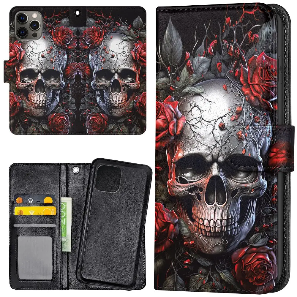 iPhone 14 Pro - Lommebok Deksel Skull Roses