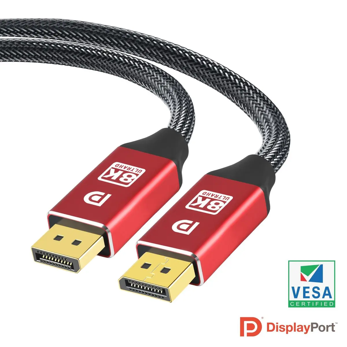 NORDIC-SERTIFISERT KABLER 3m nylonflettet Displayportkabel 1.4 UHD 8K60Hz 4K144Hz HBR3 32,4Gbps 10-bit HDR