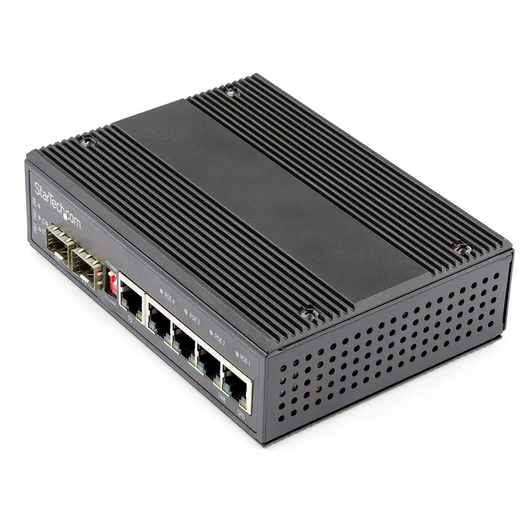 StarTech - Industrial 6 Port Gigabit Ethernet Switch, 4 PoE RJ45 +2 SFP Slots 30W PoE+ 12-48VDC 10/100/1000 Rugged Power Over Ethernet LAN Switch -40C to 75C, DIN Mountable, Hardened - Fast Ethernet Switch (IES1