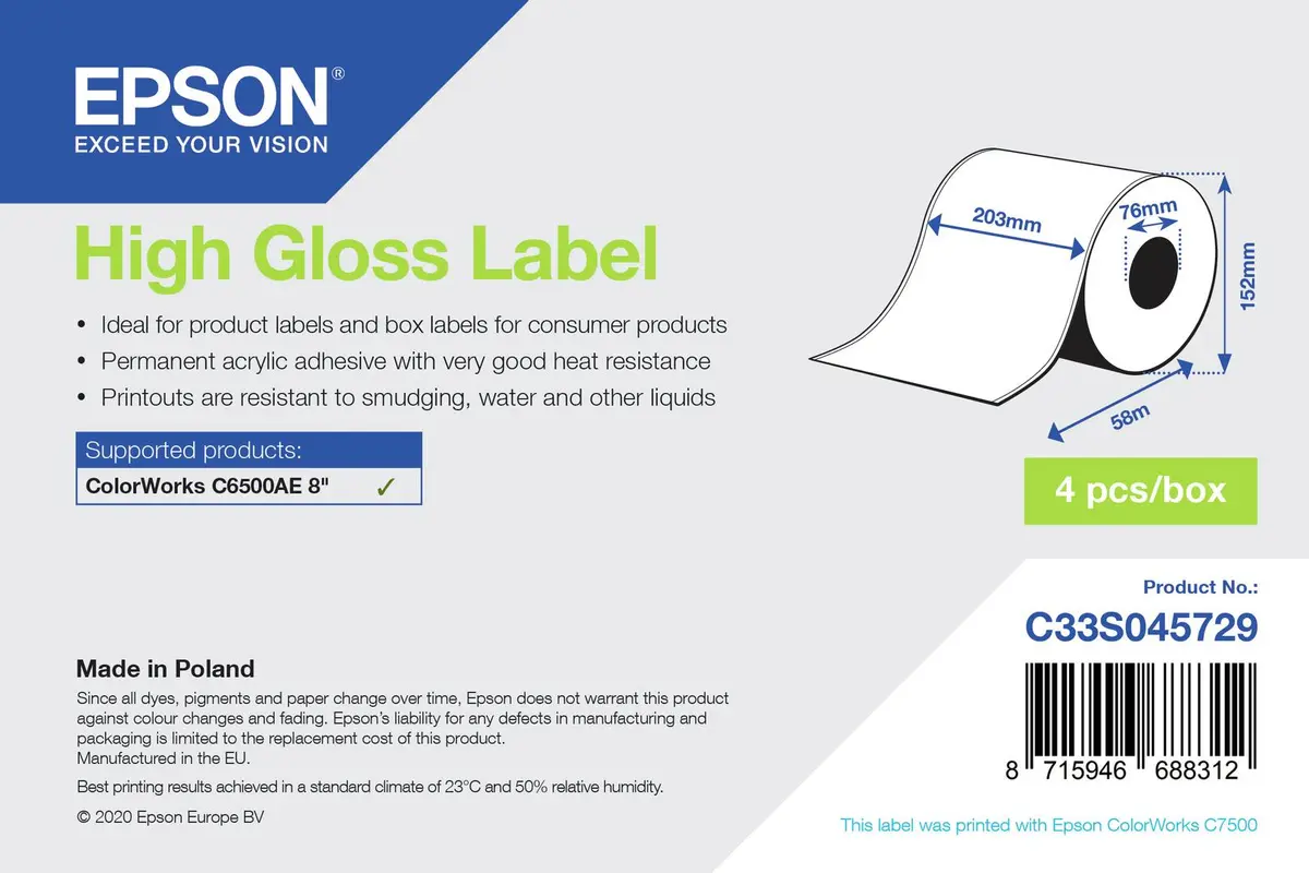 Epson - sammenhengende etiketter - høyblank - 4 rull(er) - Rull (20,3 cm x 58 m)