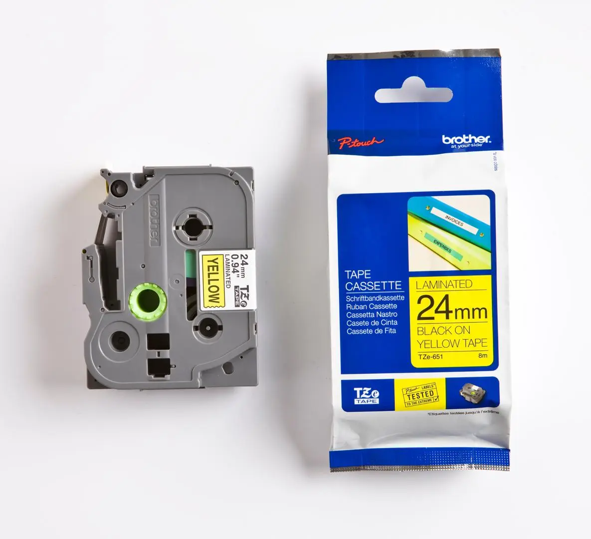 24 mm tape, svart tekst på gul, laminert, 8 m