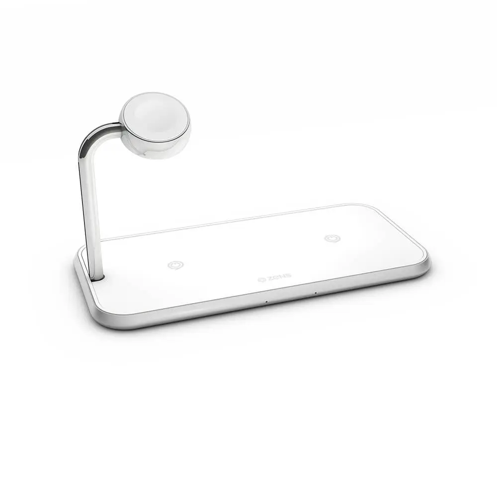 ZENS - Triple Alu. Lader QI Trådløs 220V-kabel 2x10W Hvit med Apple Watch Lader (Apple QC 7,5W)