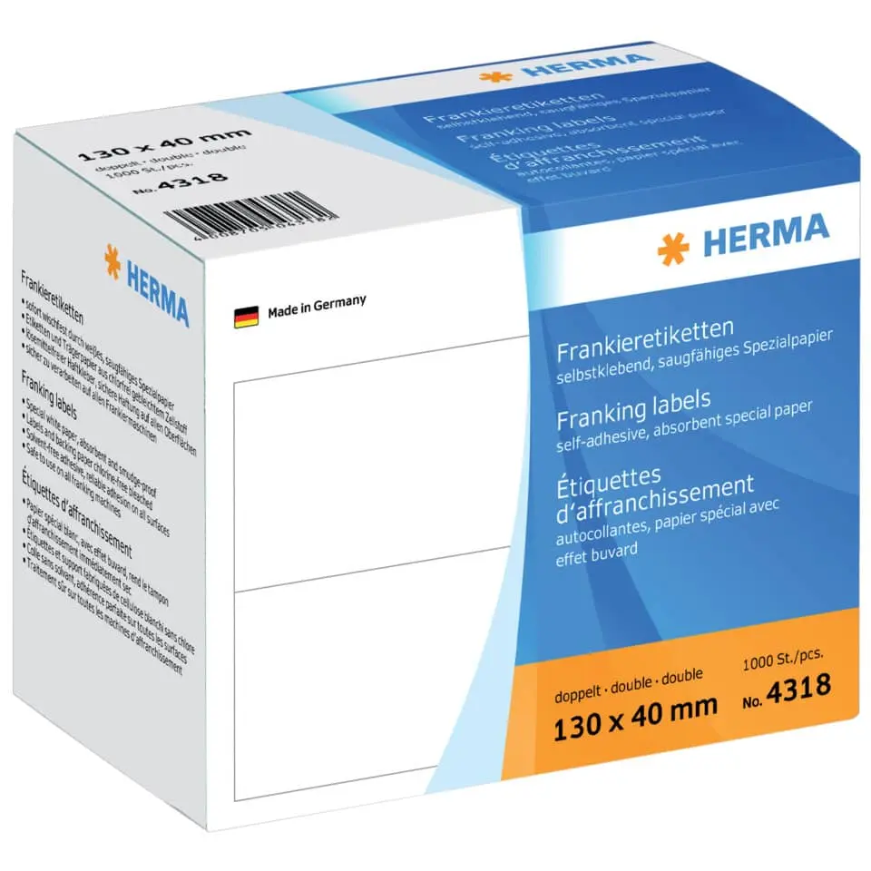 Herma - Franking labels - Papir - selv-adhesiv - hvit - 130 x 40 mm 1000 etikett(er) (500 ark x 2) merkelapper