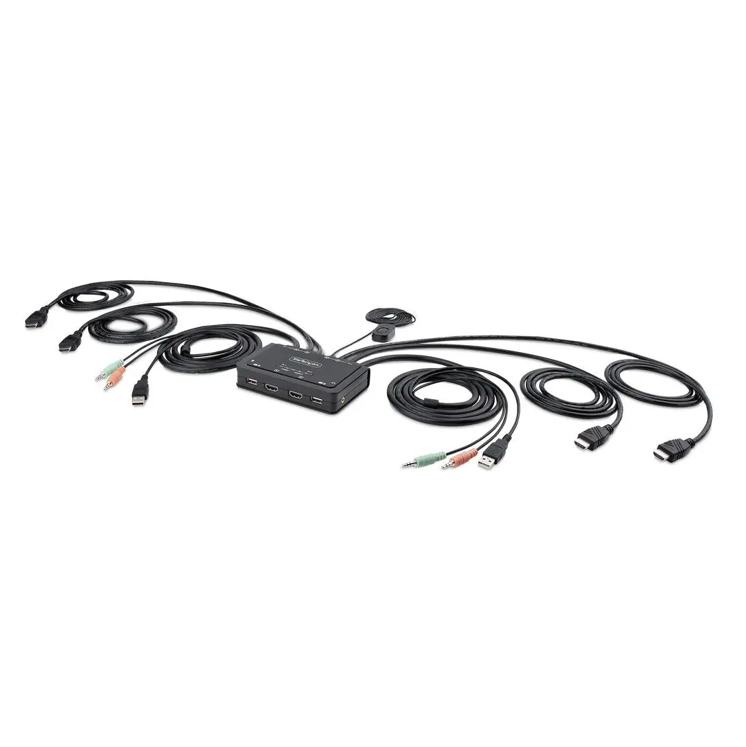 StarTech - 2-Port Dual-Monitor HDMI Cable KVM Switch, 4K 60Hz, Compact KVM with 5ft/1.5m USB-A/HDMI/Audio Integrated Cables, Bus Powered - Remote Push Button/Hotkey Switching (C2-DH46-UA2-CBL-KVM)