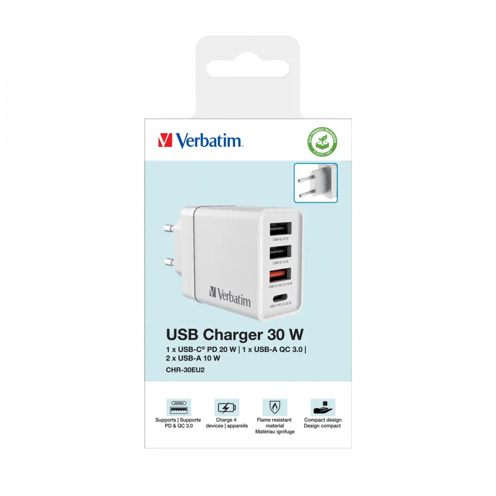 Verbatim - strømadapter - 3 x USB-type A, 24 pin USB-C - 30 watt