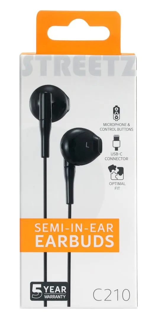 STREETZ - C210 Semi-in-ear earphones, 3-button, USB-C, black