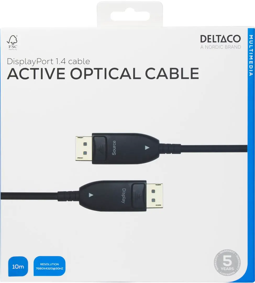 DELTACO - Displayport 1.4 cable, AOC, 8K@30Hz, 10m, black