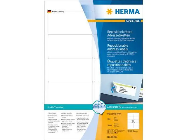 Herma - Special - Papir - matt - flyttbart selv-adhesiv - hvit - 96 x 50.8 mm 1000 etikett(er) (100 ark x 10) adresselapper