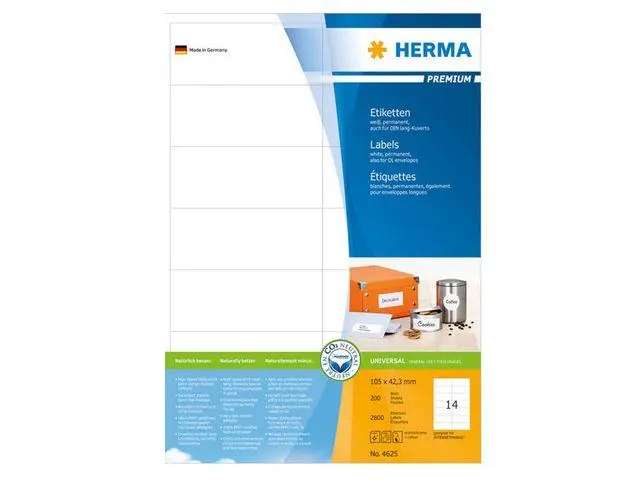 Herma - Premium - Papir - matt - permanent selv-adhesiv - hvit - 105 x 42.3 mm 2800 etikett(er) (200 ark x 14) laminerte etiketter