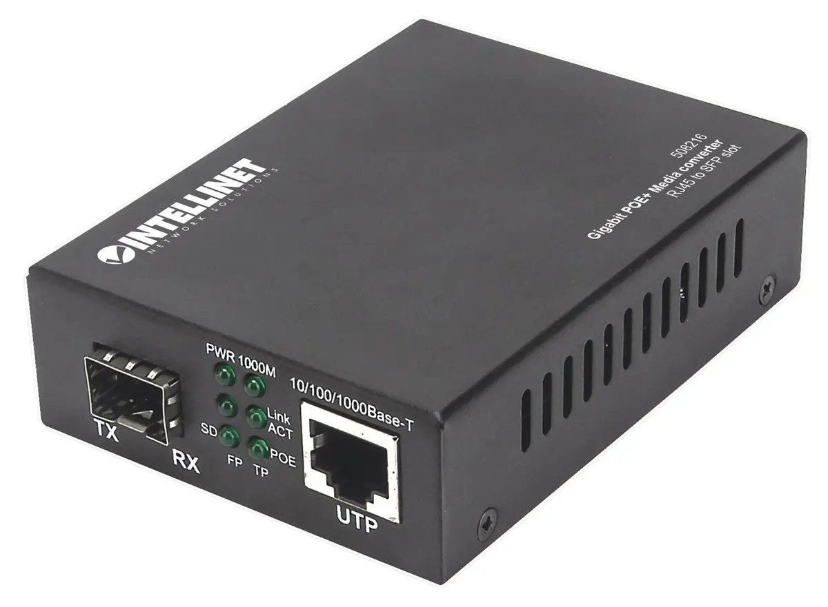 INTELLINET - Gigabit PoE+ Media Converter 1x1000Base-T RJ45/1xSFP, PoE+ Injector