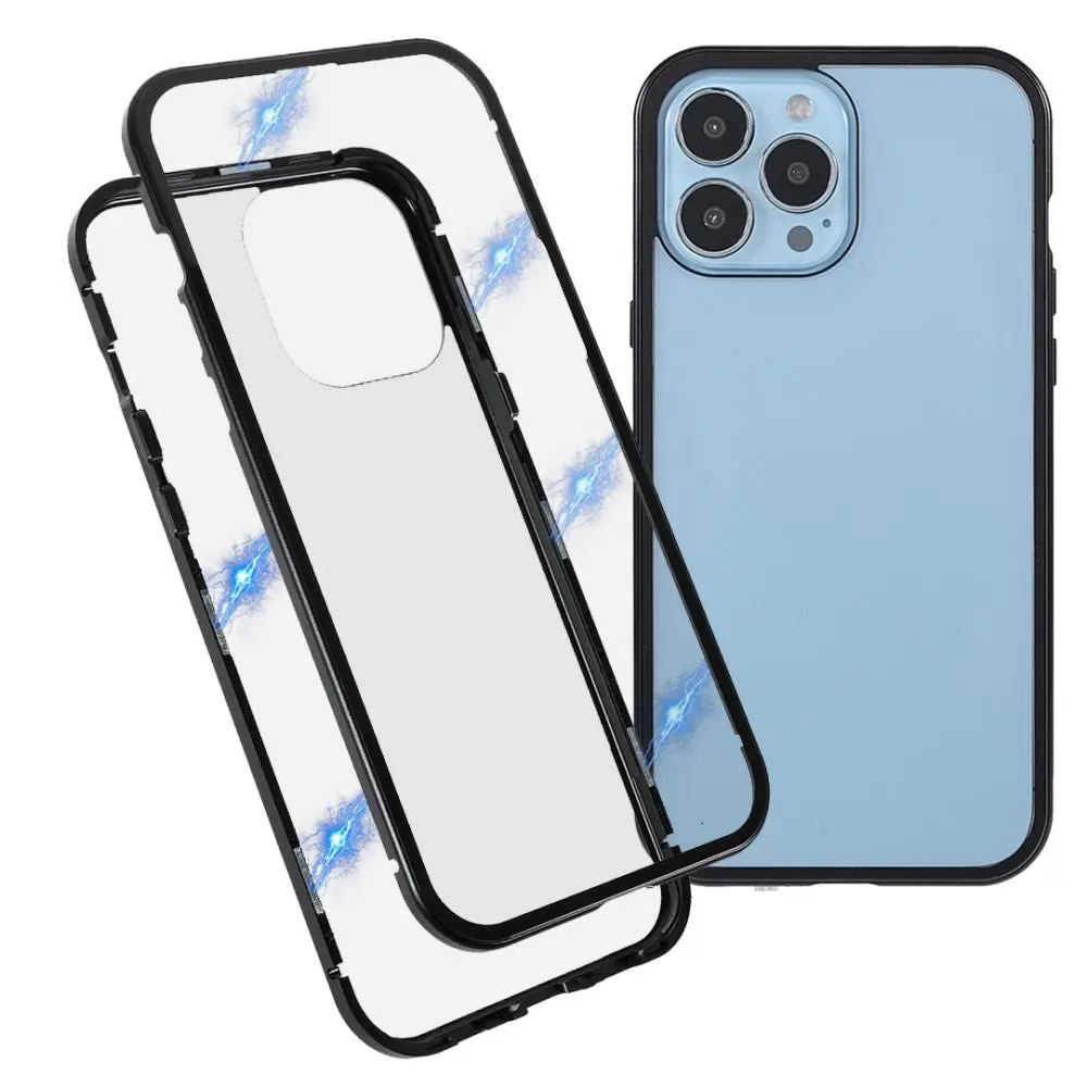 iPhone 13 Pro Magnetisk Metall Deksel med Glass Foran & Bak - Svart