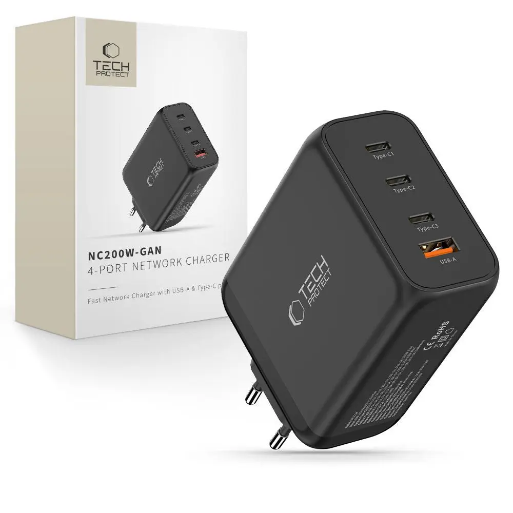 Tech-Protect 200W Vegglader m. 3x USB-C & 1x USB-A - Svart