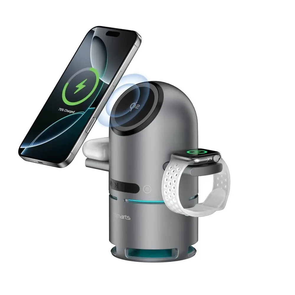 4smarts ChargeBot Sound 3-i-1 Trådløs Lader med Bluetooth-Høyttaler - Smarttelefon / Smartklokke / AirPods - MagSafe / Qi2 Kompatibel
