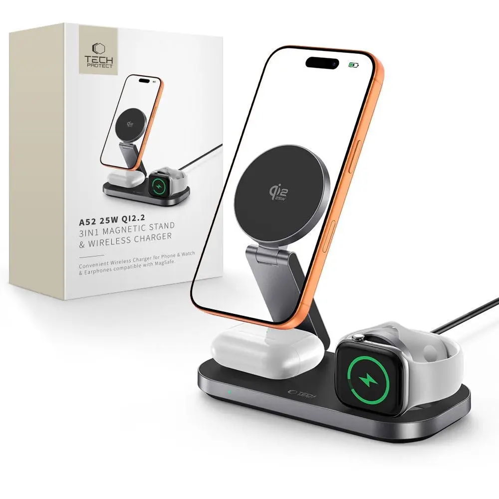 Tech-Protect A52 3-i-1 25W Trådløs Lader til Smarttelefon + Smartklokke + Øretelefoner - MagSafe / Qi2 Kompatibel