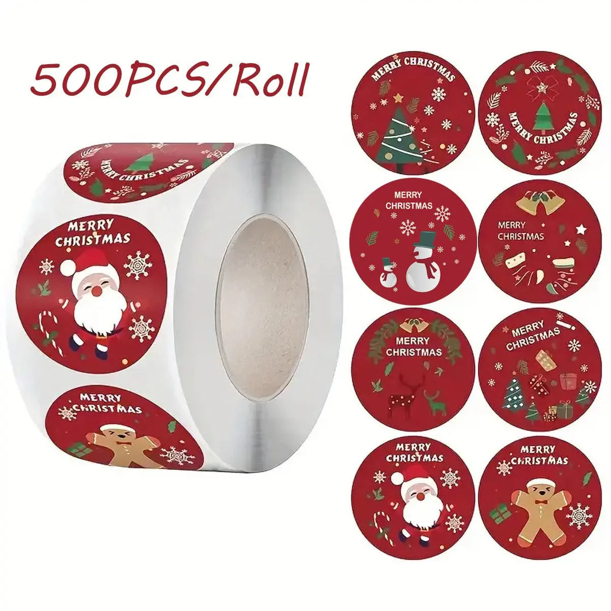 Rull med 500 Klistremerker - 8 Design - Jul / Rød