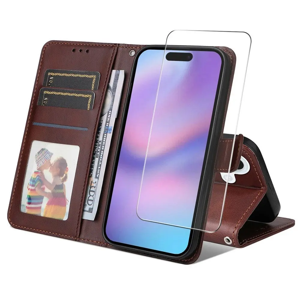EIDERWOOD iPhone 17 2-i-1 Kunstskinn Flip Deksel med Skjermbeskyttelsesglass - Brun