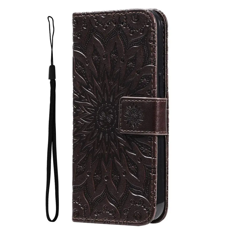 iPhone 15 Plus Skinn Deksel med Lommebok og Stropp - Mandala Blomst