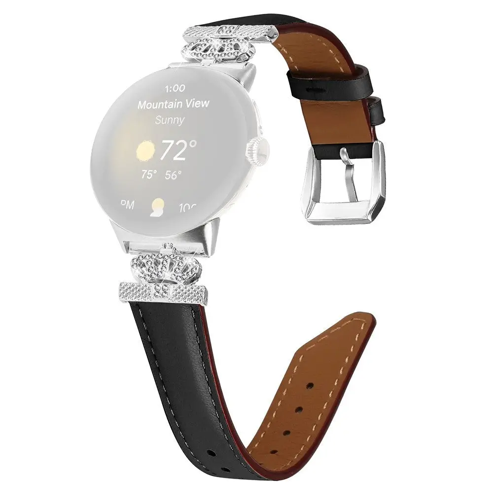Google Pixel Watch 1 / 2 / 3 (41mm) Kunstskinn Rem med Sølv Rhinstenen Spenne - Svart