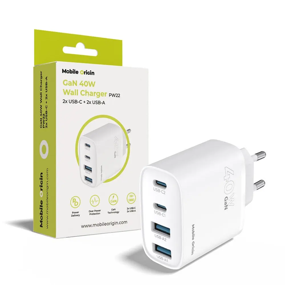 Mobile Origin GaN 40W Vegglader m. 2 x USB-A & 2 x USB-C - Hvit