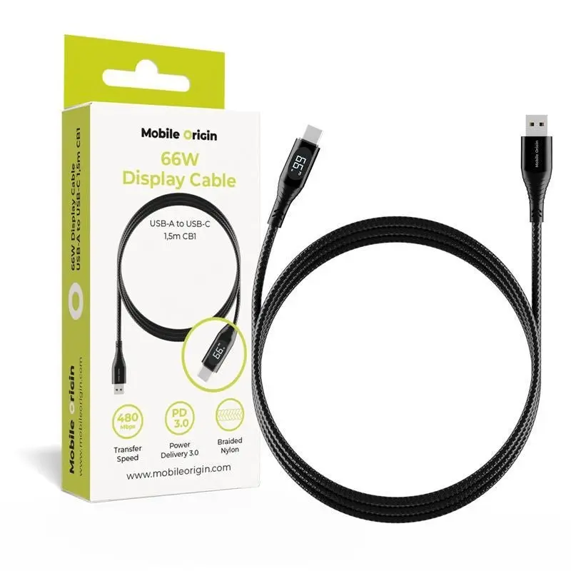 Mobile Origin 66W USB-A til USB-C Kabel med Skjerm - 1,5 m - Svart
