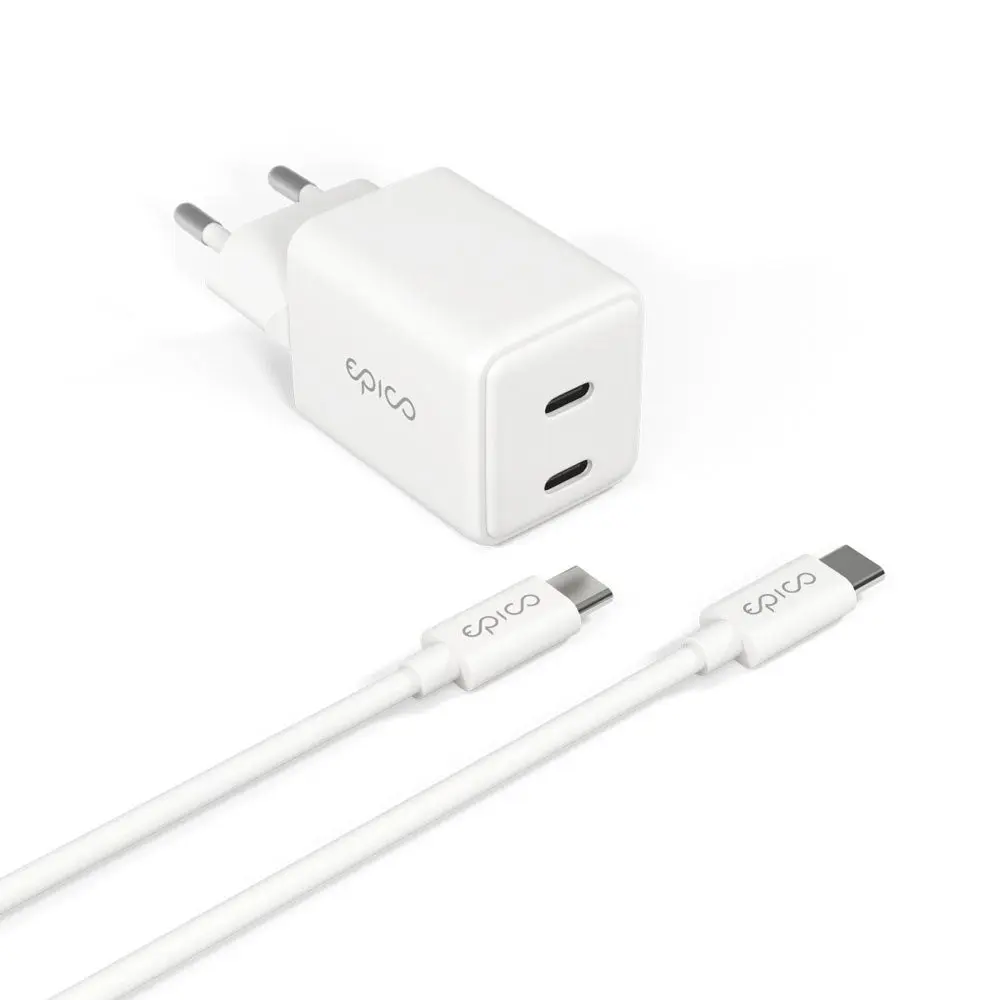 Epico UltraBoost GaN 35W Vegglader m. 1.2m USB-C til USB-C Kabel - 2x USB-C