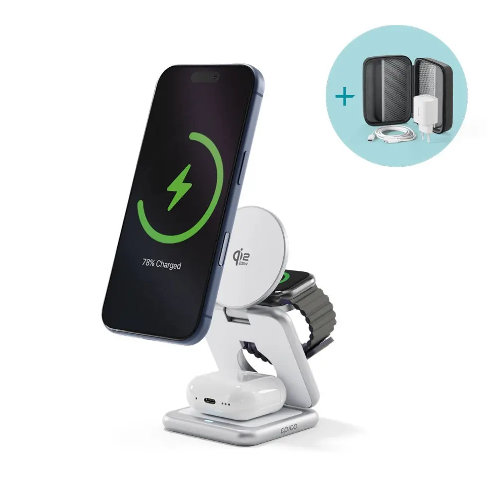 Epico UltraBase EF60 3-i-1 Fold Metal Mag+ Trådløs Lader - 25W - Qi2 / MagSafe Kompatibel