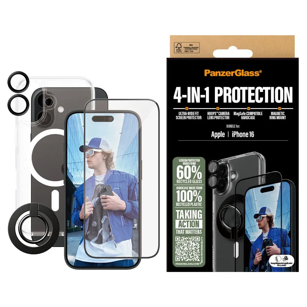 iPhone 16 PanzerGlass 4-i-1 Bundle m. EasyAligner - Skjermbeskyttelse (UWF) / Deksel / Kamerabeskyttelse / Fingerring