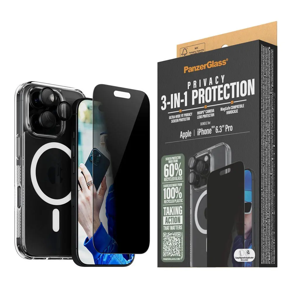 iPhone 16 Pro PanzerGlass 3-i-1 Bundle m. EasyAligner - Privacy Skjermbeskyttelse (UWF) / Deksel / Kamerabeskyttelse